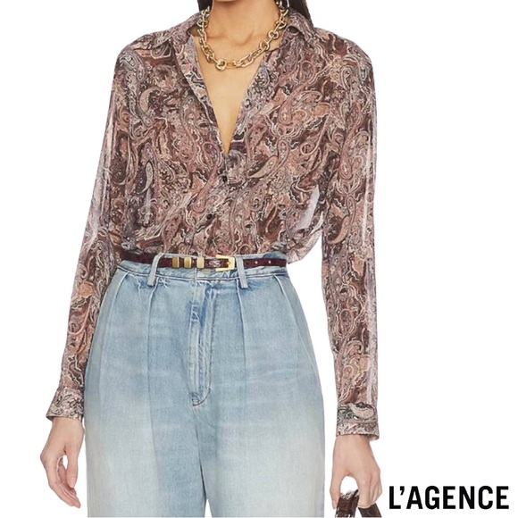 L’AGENCE **NWT** Laurent Blouse In Brown Multi Neutral Paisley - Picture 12 of 12